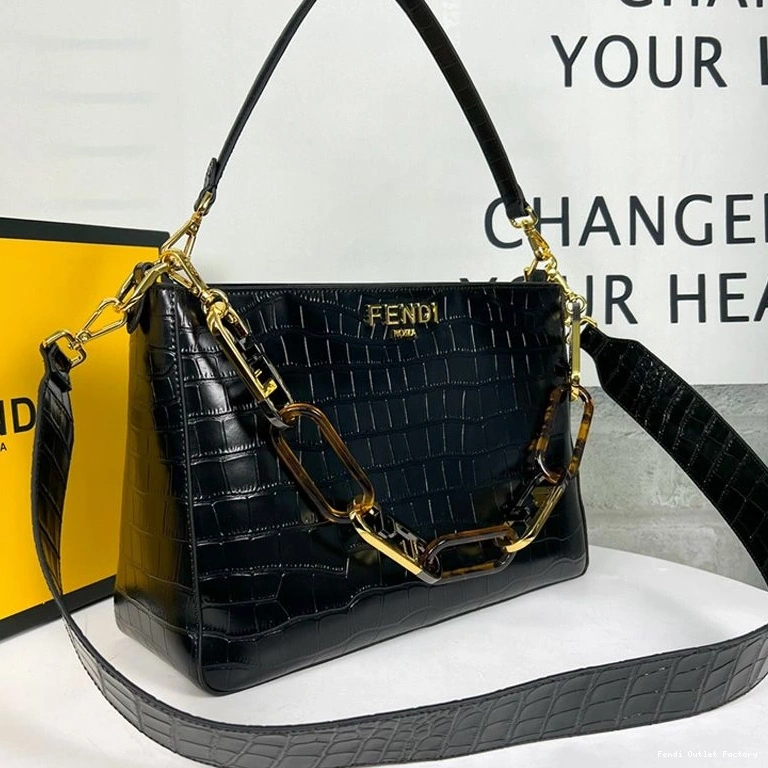 Vintage HOT Zip O'Lock Bag Black Shoulder In Fendi Leather Crocodile 0718